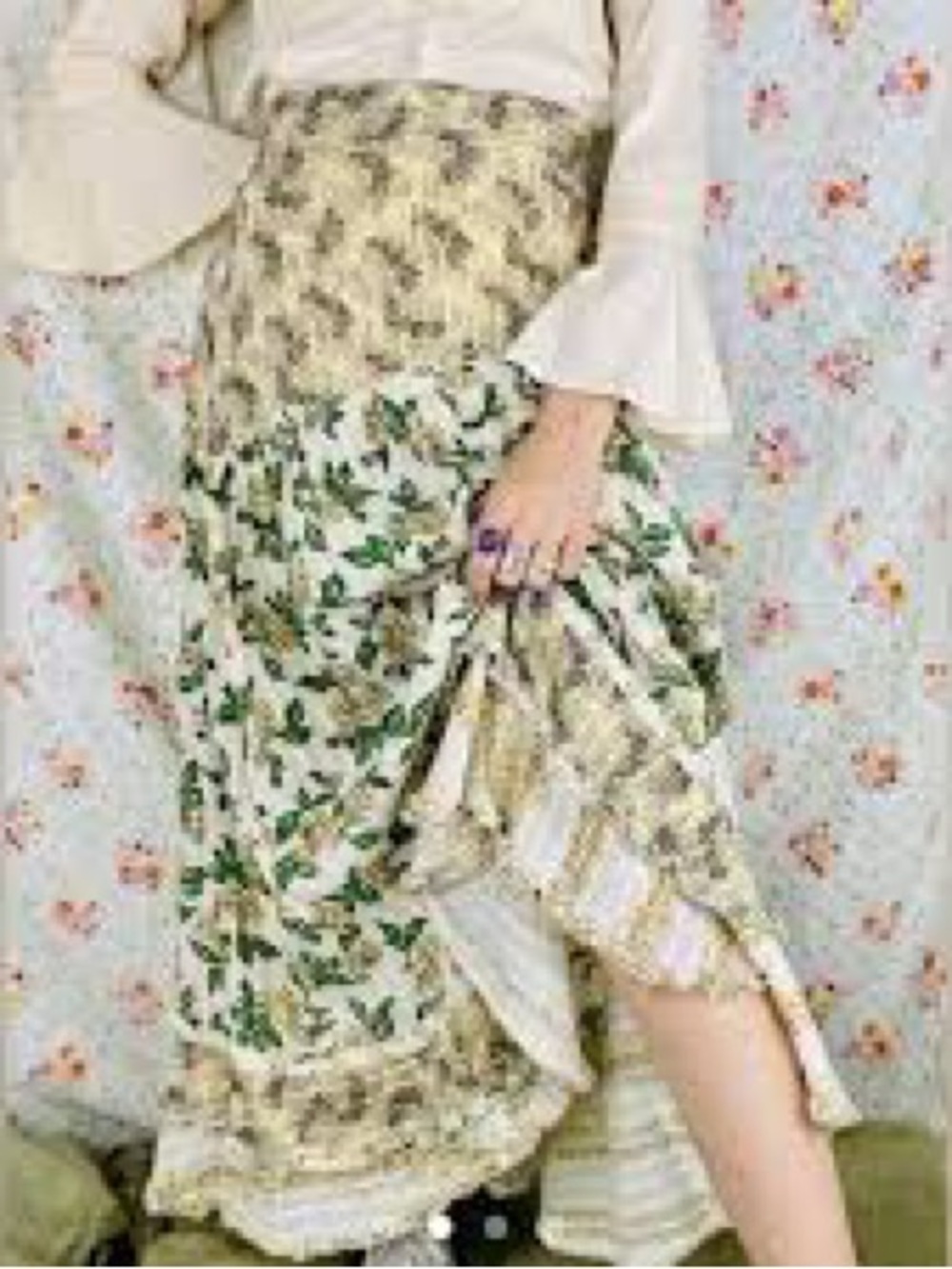 Free People Floral Tiered Midi Skirt in Green and Cream